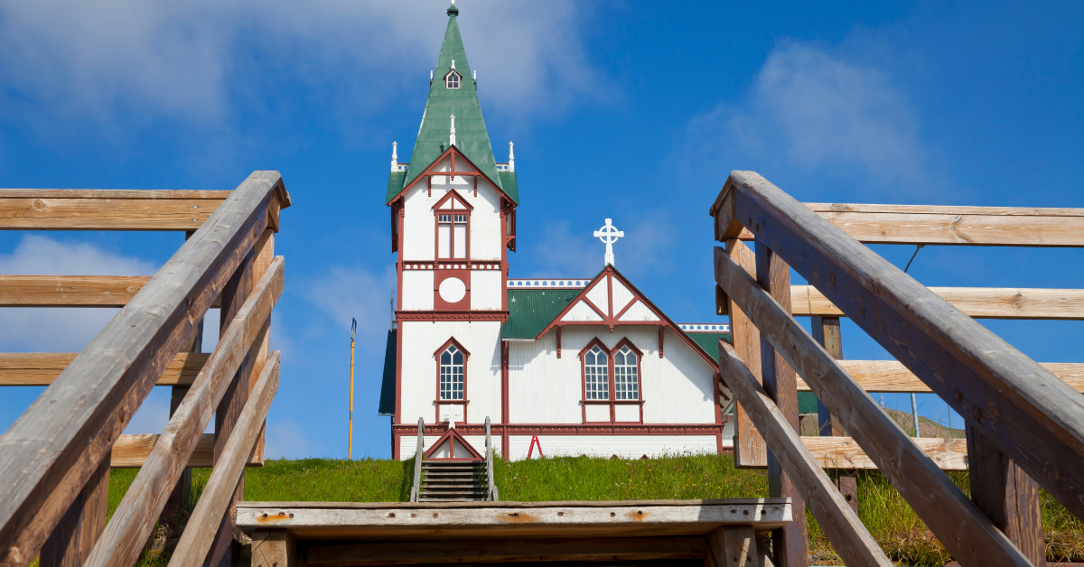 Húsavík town church from below in Iceland.